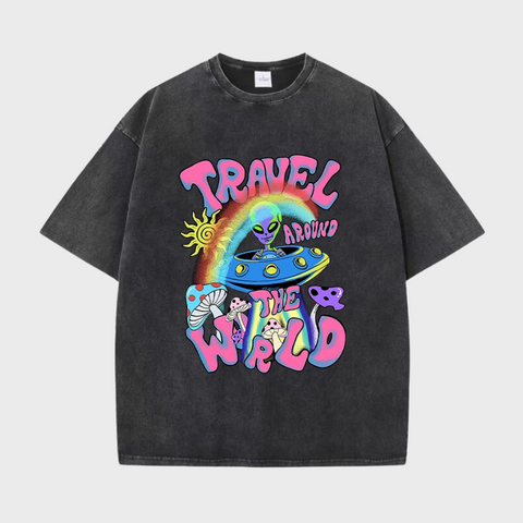Mulheres Alienígenas UFO Viajar Ao Redor Do Mundo Imprimir T-Shirt, Macio Casual Camisetas, Respirável Manga Curta, O-Pescoço, Rua