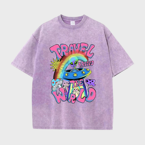 Mulheres Alienígenas UFO Viajar Ao Redor Do Mundo Imprimir T-Shirt, Macio Casual Camisetas, Respirável Manga Curta, O-Pescoço, Rua