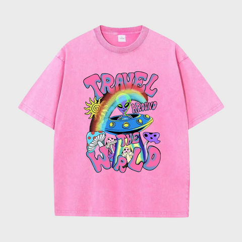 Mulheres Alienígenas UFO Viajar Ao Redor Do Mundo Imprimir T-Shirt, Macio Casual Camisetas, Respirável Manga Curta, O-Pescoço, Rua