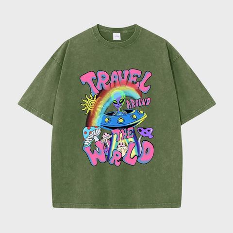 Mulheres Alienígenas UFO Viajar Ao Redor Do Mundo Imprimir T-Shirt, Macio Casual Camisetas, Respirável Manga Curta, O-Pescoço, Rua