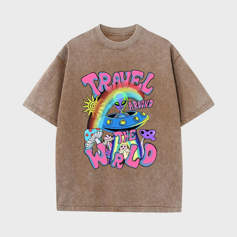 Mulheres Alienígenas UFO Viajar Ao Redor Do Mundo Imprimir T-Shirt, Macio Casual Camisetas, Respirável Manga Curta, O-Pescoço, Rua